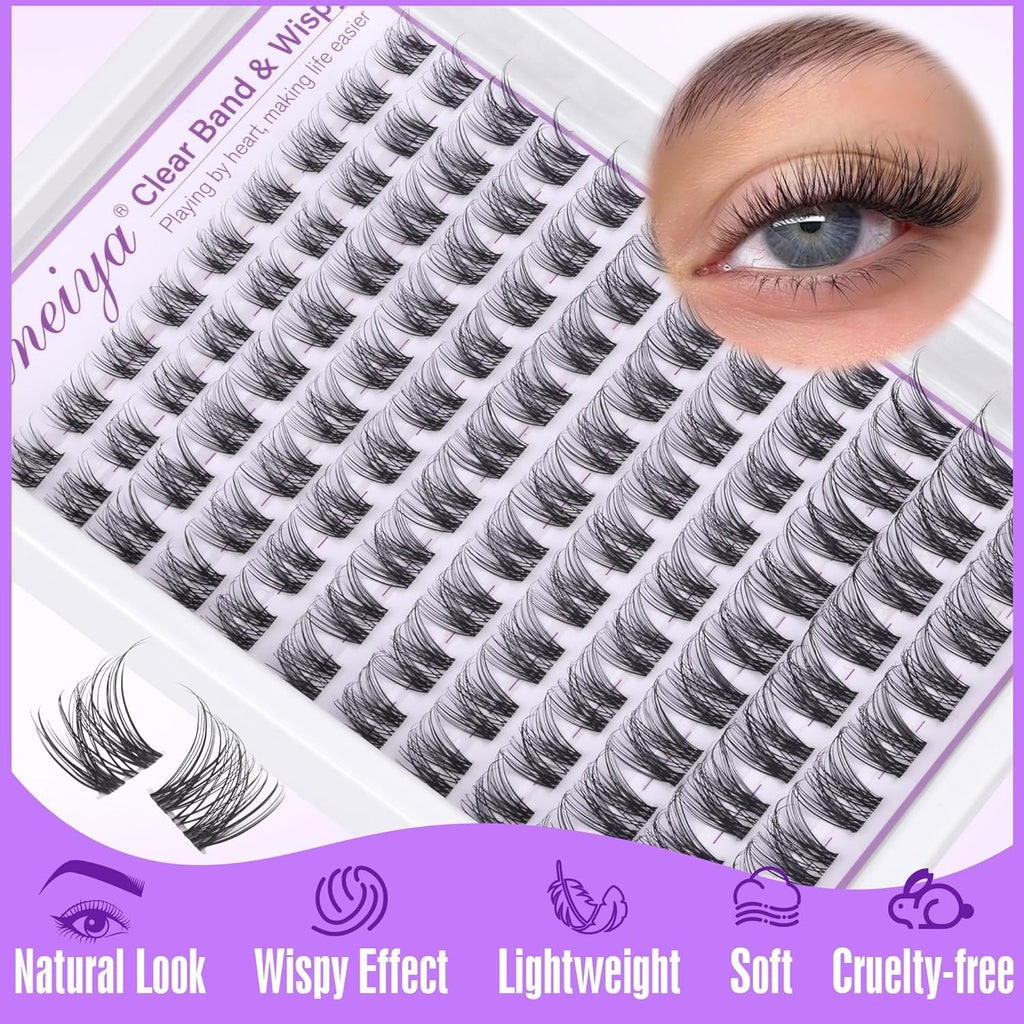 Clear Band Eye Lash Clusters Natural Wispy Eyelash Clusters 10-16MM Lash Extension D Curl Invisible Band Cluster Eyelash Extensions Individual Eyelashes DIY Lashes at Home by