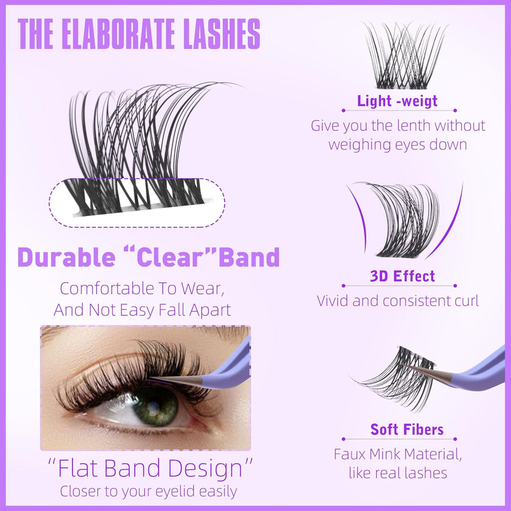 Clear Band Eye Lash Clusters Natural Wispy Eyelash Clusters 10-16MM Lash Extension D Curl Invisible Band Cluster Eyelash Extensions Individual Eyelashes DIY Lashes at Home by