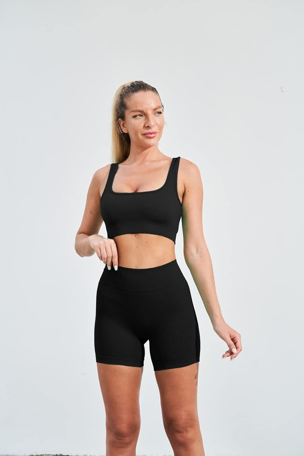 Women'S Workout Outfits Yoga Set 2 Piece Seamless Ribbed Sports Bra Tight Shorts Gym Suit