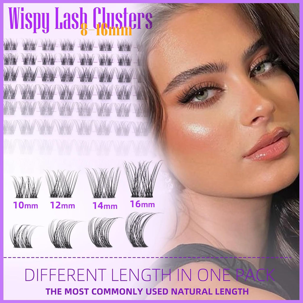 Clear Band Eye Lash Clusters Natural Wispy Eyelash Clusters 10-16MM Lash Extension D Curl Invisible Band Cluster Eyelash Extensions Individual Eyelashes DIY Lashes at Home by