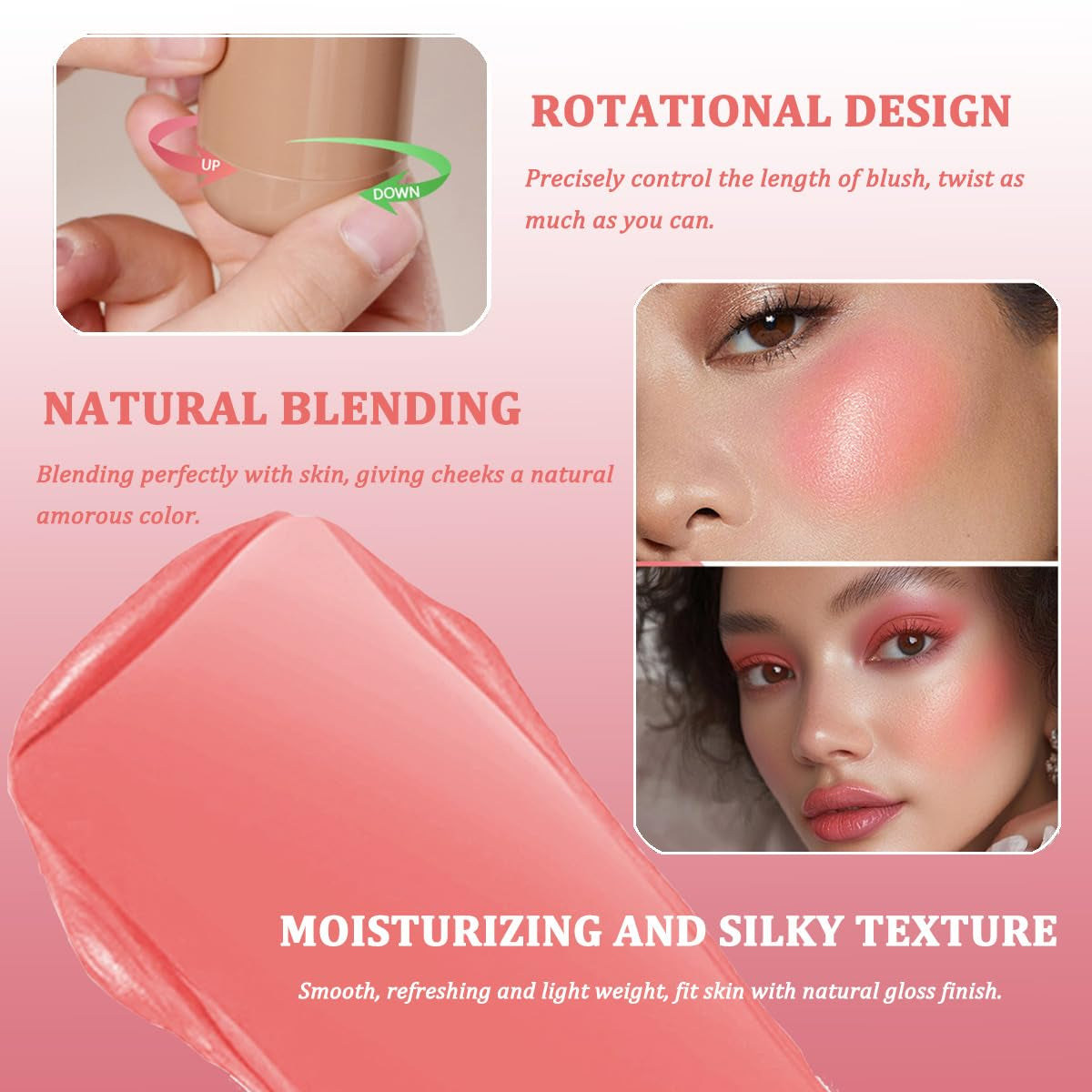 Cream Blush Stick, Natural-Looking Matte Finish Makeup Blush Stick, Hydrating Long Lasting Lightweight Blendable Blush for Cheeks (#1 Soft Pink, 1 PC)