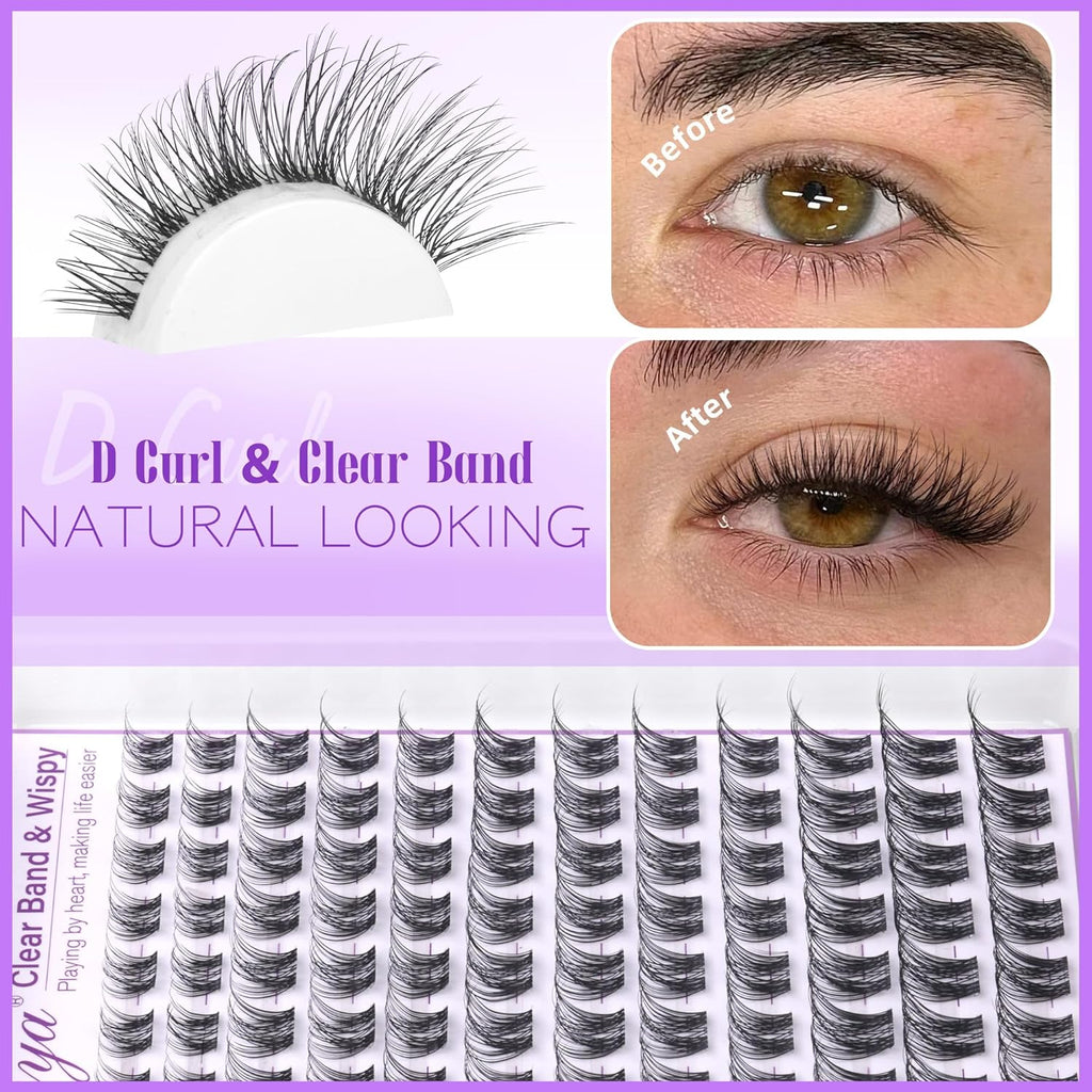 Clear Band Eye Lash Clusters Natural Wispy Eyelash Clusters 10-16MM Lash Extension D Curl Invisible Band Cluster Eyelash Extensions Individual Eyelashes DIY Lashes at Home by