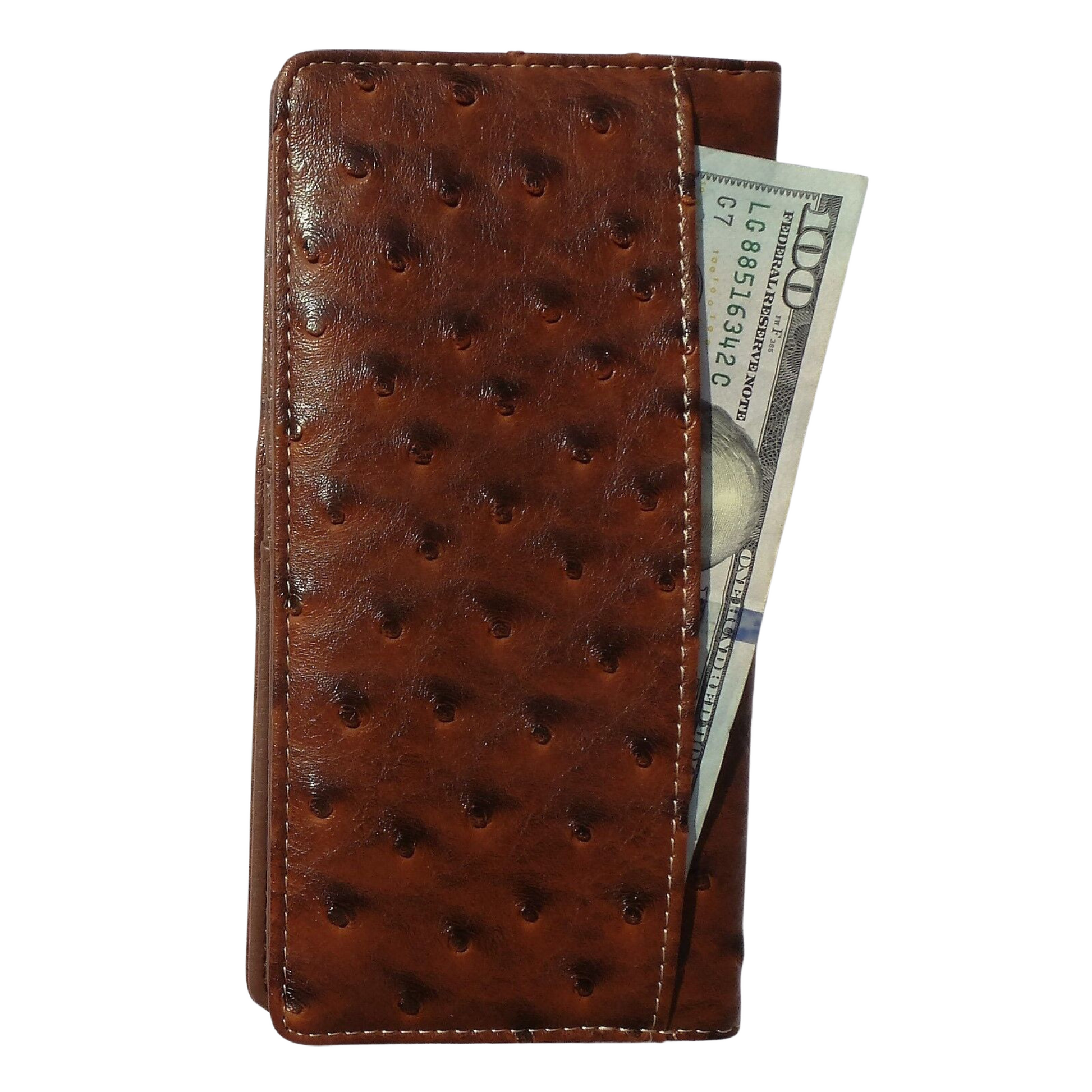 Texas State Mens Wallet Western Bifold Check Book Style Ostrich Brown - Black