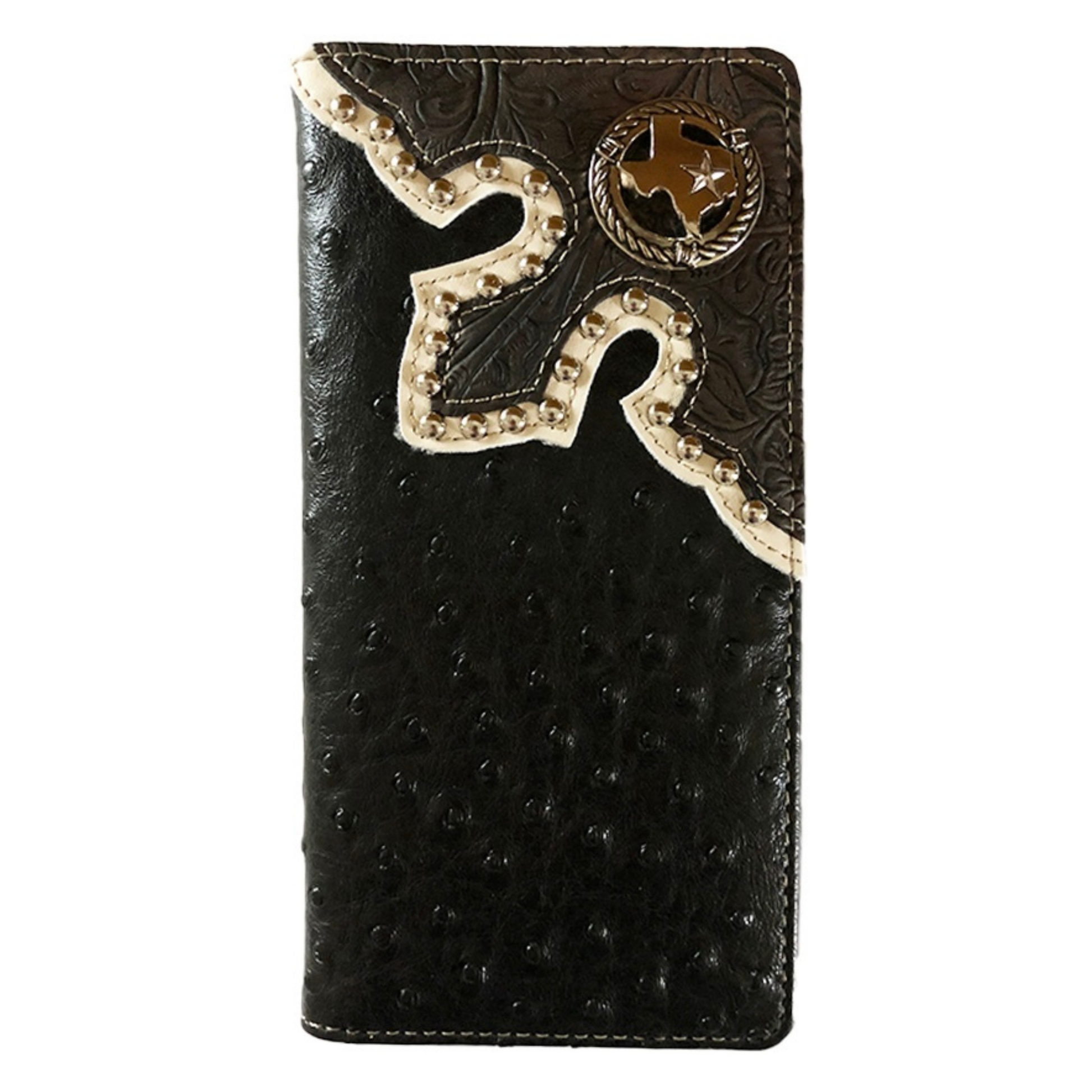 Texas State Mens Wallet Western Bifold Check Book Style Ostrich Brown - Black