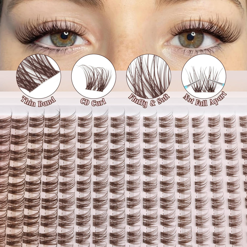 Brown Lash Clusters Natural Brown Eyelash Clusters Dark Brown Lash Extensions 10-16MM Wispy Lash Clusters Eyelash Extension Clear Band CC Curl Natural Individuals Lashes 144Pcs DIY at Home Eye Lashes
