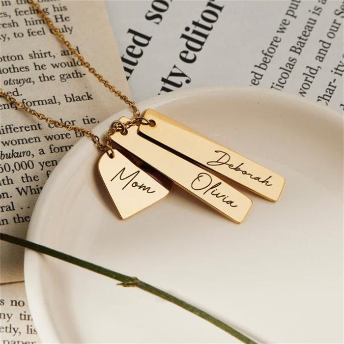 Laser Name Heart Rectangle Pendant Necklace