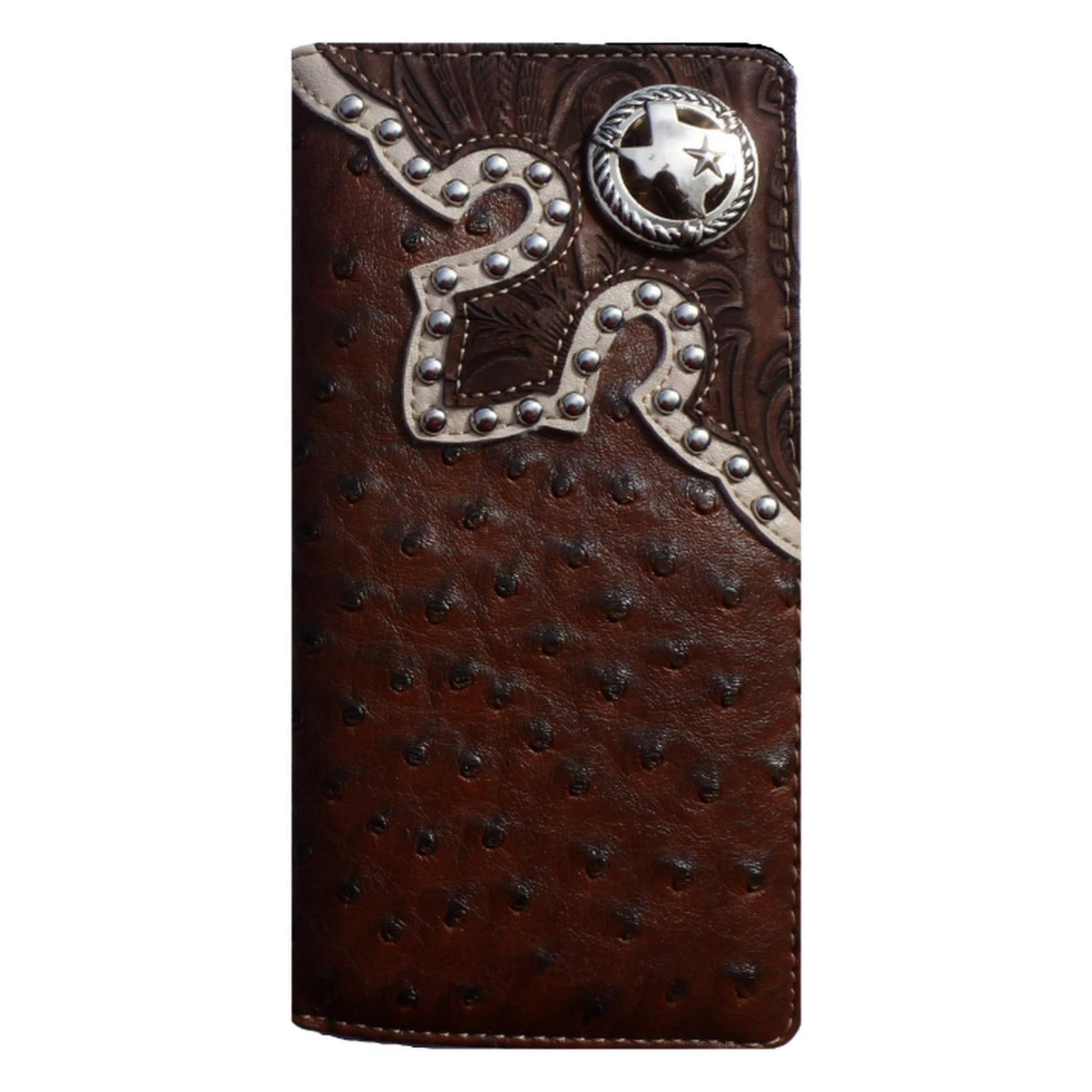 Texas State Mens Wallet Western Bifold Check Book Style Ostrich Brown - Black