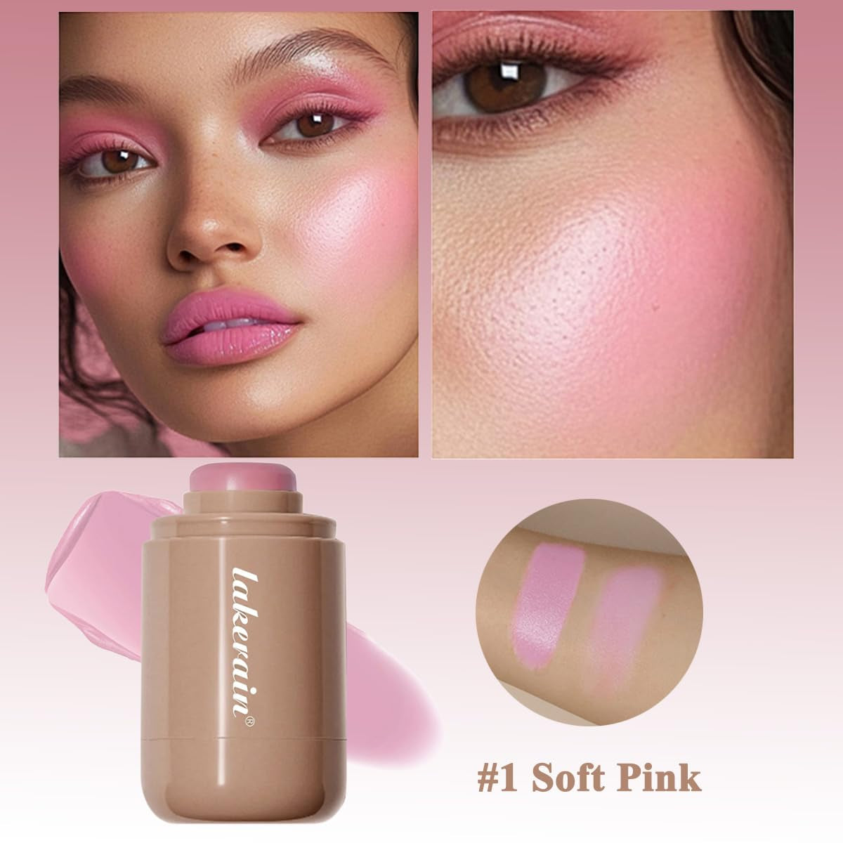 Cream Blush Stick, Natural-Looking Matte Finish Makeup Blush Stick, Hydrating Long Lasting Lightweight Blendable Blush for Cheeks (#1 Soft Pink, 1 PC)