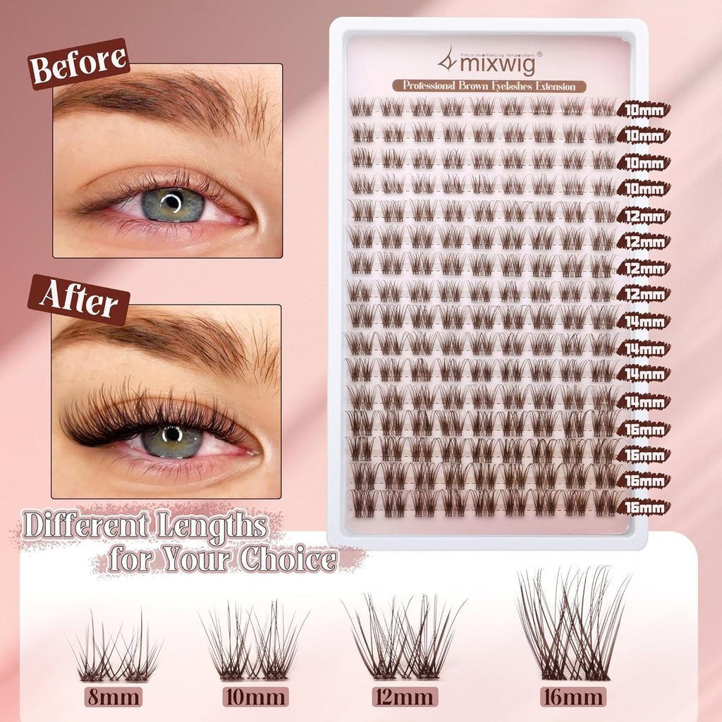 Brown Lash Clusters Natural Brown Eyelash Clusters Dark Brown Lash Extensions 10-16MM Wispy Lash Clusters Eyelash Extension Clear Band CC Curl Natural Individuals Lashes 144Pcs DIY at Home Eye Lashes