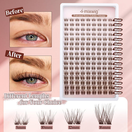 Brown Lash Clusters Natural Brown Eyelash Clusters Dark Brown Lash Extensions 10-16MM Wispy Lash Clusters Eyelash Extension Clear Band CC Curl Natural Individuals Lashes 144Pcs DIY at Home Eye Lashes