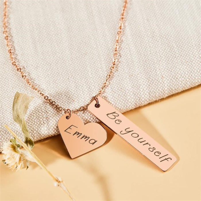 Laser Name Heart Rectangle Pendant Necklace