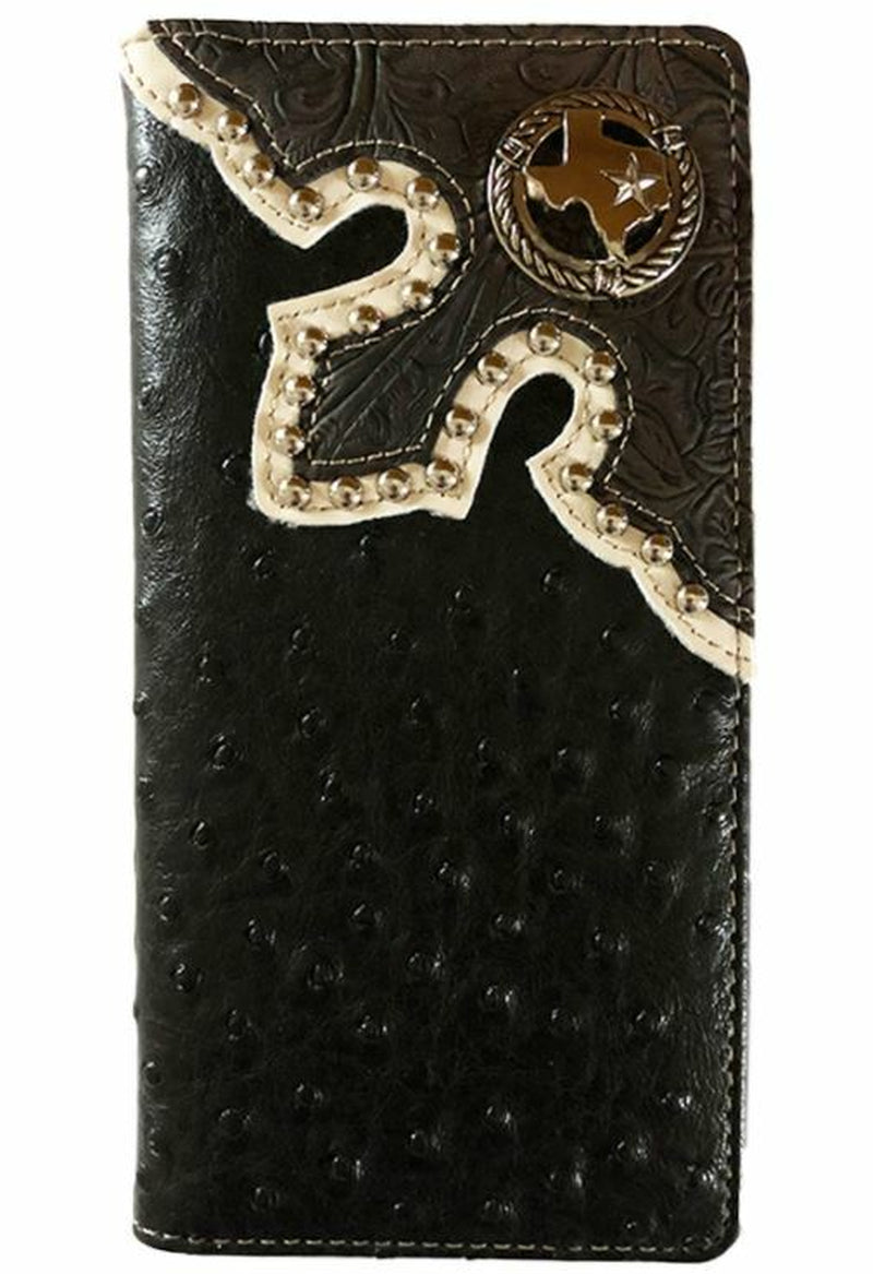 Texas State Mens Wallet Western Bifold Check Book Ostrich Black
