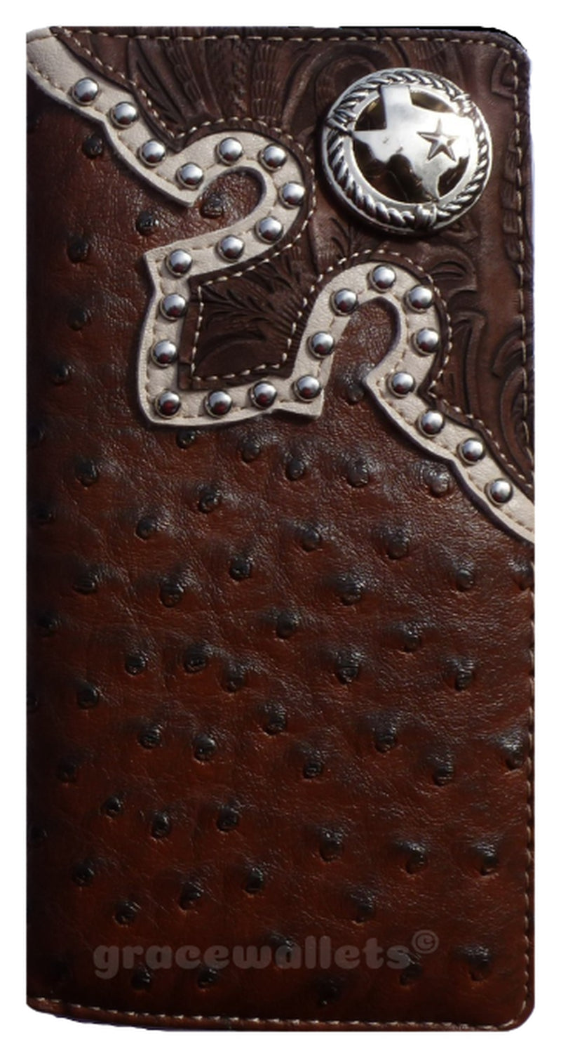 Texas State Mens Wallet Western Bifold Check Book Style Ostrich Brown