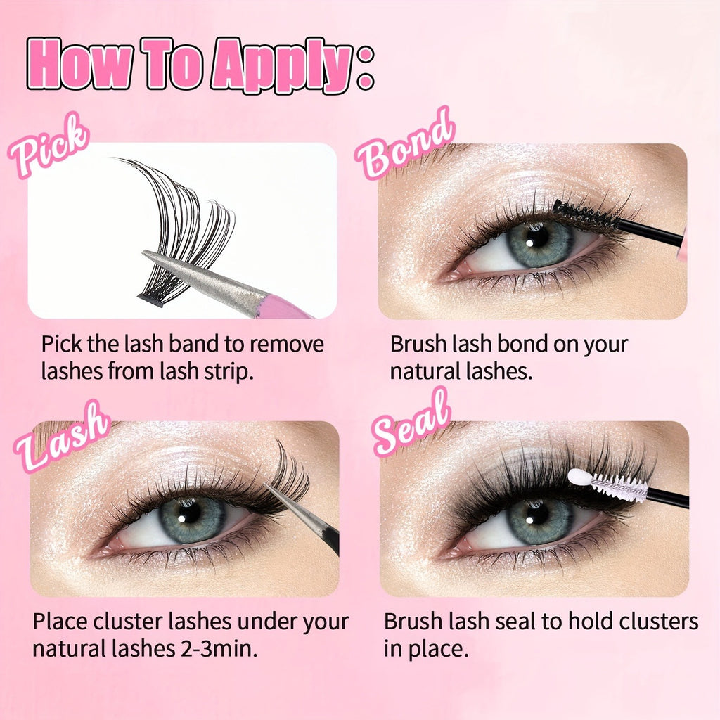 DIY Cluster Lash Extensions Kit – 72H Waterproof Hold, Salon Quality At-Home Lashes with Bond & Seal, Reusable Individual Lash Clusters 8–16mm, Gentle & Easy to Apply